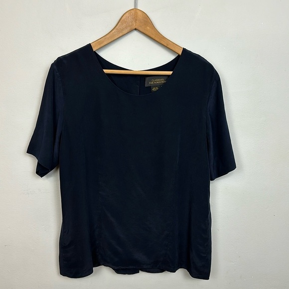 100% Silk Classiques For Nordstrom Navy Short Sleeve Back Button Up Blouse Sz M - Picture 1 of 7